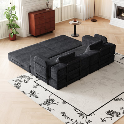 72.4" Black Convertible Corduroy Sofa Bed,with Two Side Storage Pockets