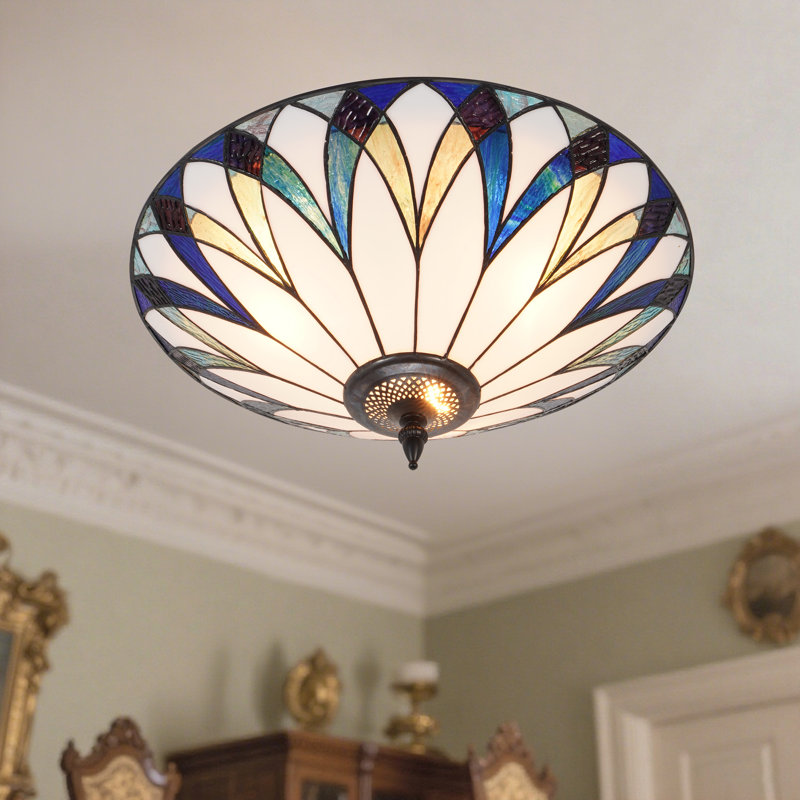 18" Colorful Floral Design Tiffany-style Stained Glass Flush Mount Ceiling Light