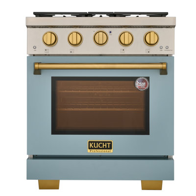 Cuisinière à gaz propane liquide autonome Kucht série KFX-X, 30 pouces, 4 brûleurs, four à convection de 4,2 pi³ (bleu pâle avec détails dorés)