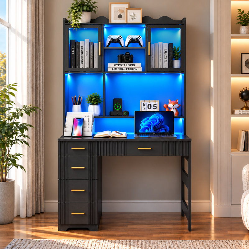Bureau à domicile 70,7 po avec 5 tiroirs, bureau d'ordinateur à DEL avec huche et station de charge, Noir