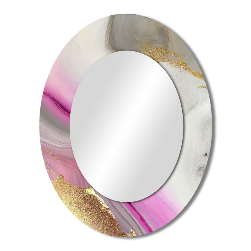 Pink And Gold Marble Abstract II - Pink Modern Oval Wall Mirror, 43" x 33"