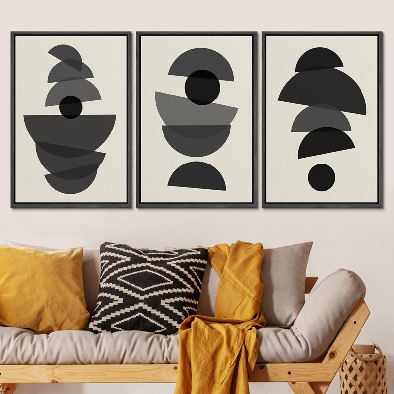 Abstract Geometry " Circles Between Semi-Circles Abstract Shapes Neutral Mid Century Modern Art Black And White " 3 - Pieces
