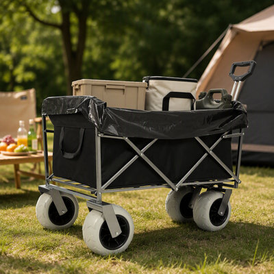Beach Wagon With Big Wheels For Sand 500Lbs Capacity - All Terrain Steel Frame Utility Cart With 9" Pneumatic Tires, Collapsible Folding Design ,Strap With Multiuse Bag ,Black