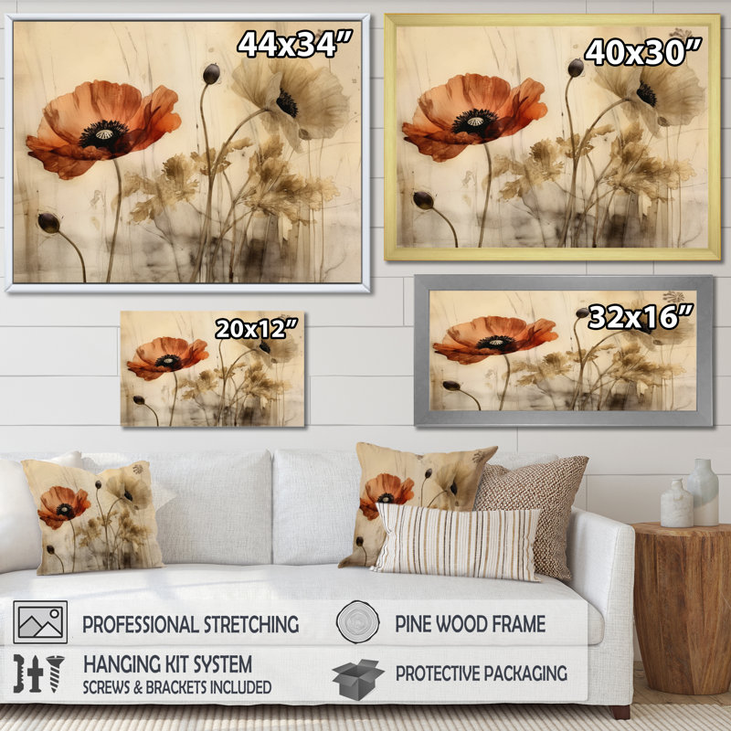 Brilliant Poppies II - art mural floral, Cadre naturel flottant, H 34 po x l 44 po x P 1,5 po