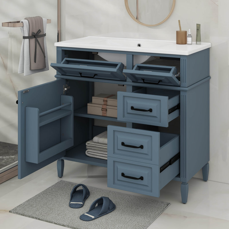 Meuble-lavabo 36 po avec comptoir en céramique, tiroirs rabattables, tablette réglable, Bleu gris