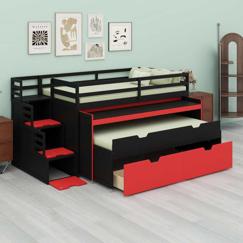 Lit mezzanine avec bureau coulissant, lit gigogne, tiroirs de rangement et marches Gaming & Workstation, Black+Red