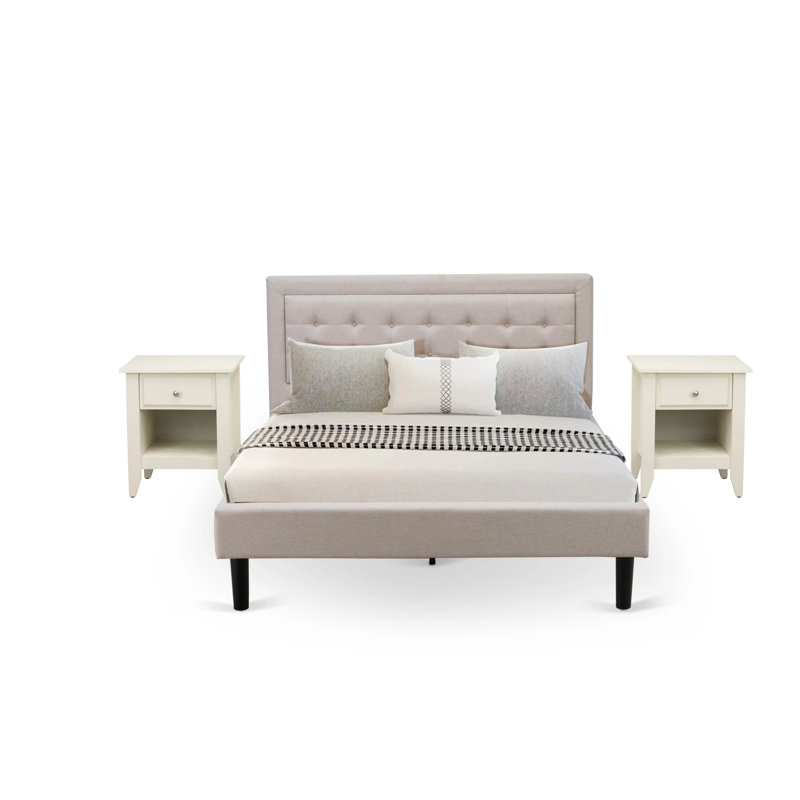 Ensemble de lit Fannin 2 pièces comprenant un cadre de lit Queen et une table de chevet pour la chambre à coucher - Fabrication fiable et robuste - Tissu en lin bleu denim