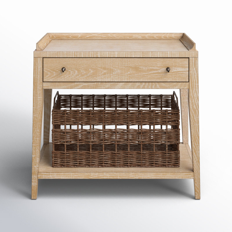 1 - Drawer Nightstand with Wicker Basket, Rustic Natural Oak