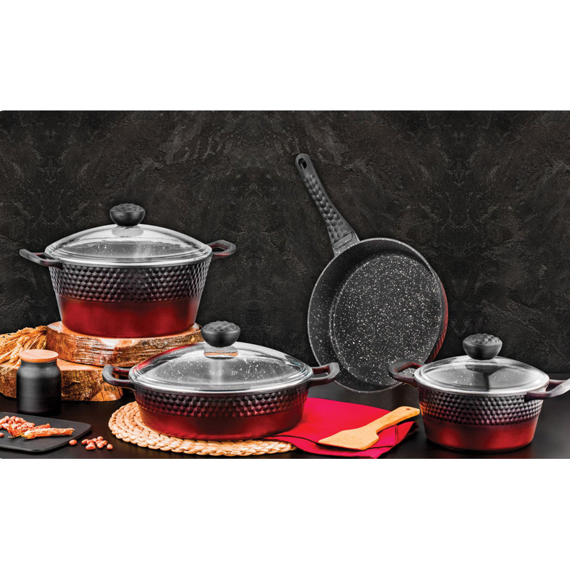 Batterie de cuisine en granit de qualité supérieure 7 pièces, rouge | Comprend 3 casseroles (7,9 pintes, 6,9 pintes, 5,3 pintes) et 1 poêle à frire (10,2 po) | Surface antiadhésive durable, résistante à la chaleur, facile à nettoyer | Parfait pour les chefs et la cuisine de tous les jours