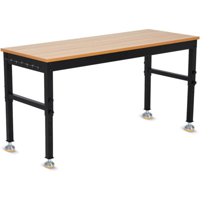 Établi à hauteur réglable avec prises intégrées et plateau en bois d'hévéa robuste, banc de travail d'une capacité de 2 500 lb, table de travail de garage pour atelier, atelier de réparation, maison, bureau