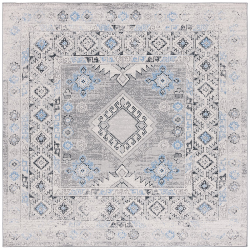 Tapis oriental en polyester tissé à la machine en gris, Carré 6 pi 7 po