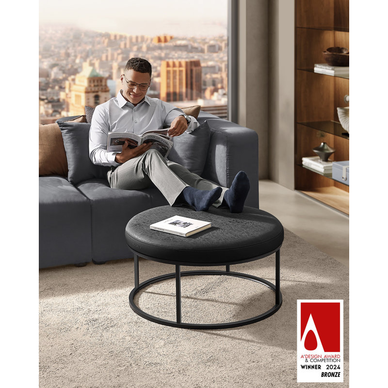 78cm Wide Faux Leather Round Footstool Ottoman, Black