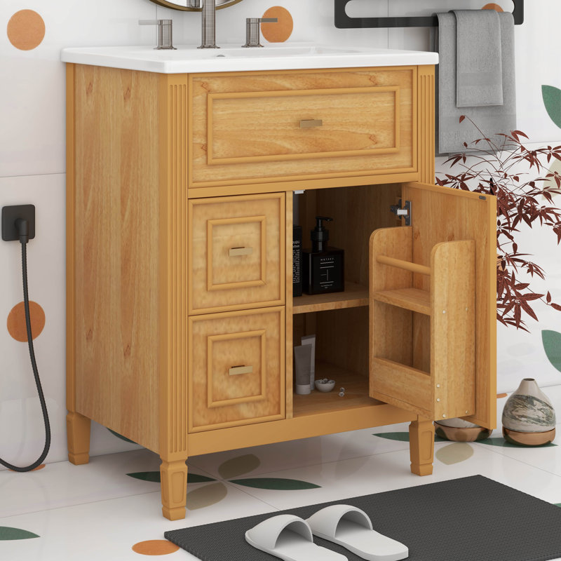 Meuble-lavabo 24 po avec lavabo, meuble-lavabo simple avec 1 tiroir rabattable, 2 tiroirs et tablette réglable, Bois