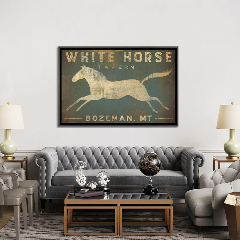 White Horse Tavern, art textuel sur toile tendue, H 40 po x l 60 po, Impression encadrée, Argent argent
