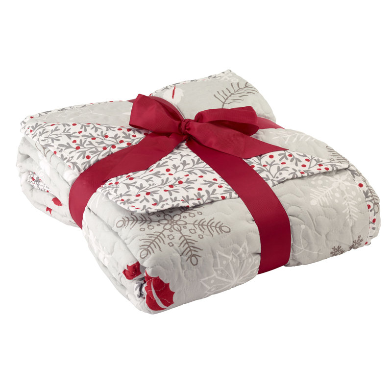 Gray and Red Microfiber Twin Reversible Holiday Quilt Set
