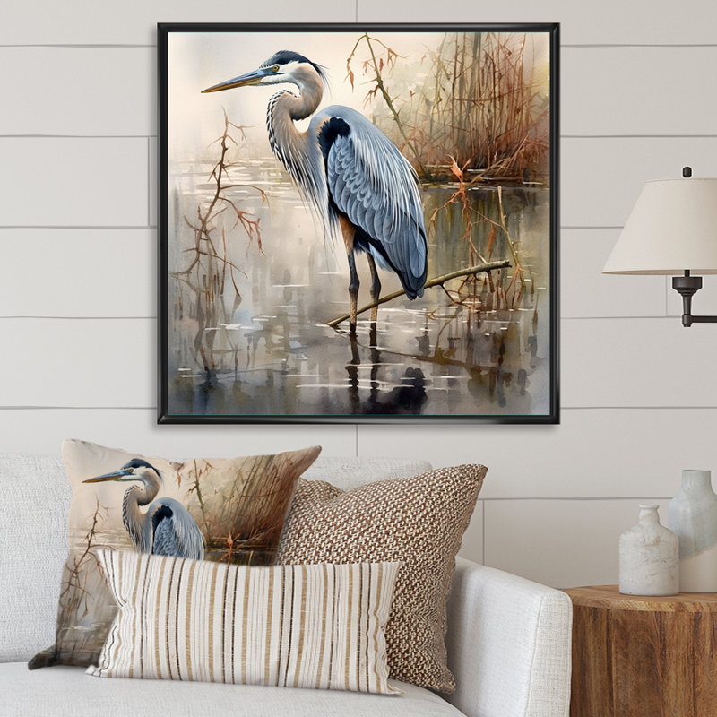 «Graceful Heron Waterbird IV - Heron», art mural, Noir, H 30 po x l 30 po, Reproduction avec cadre flottant