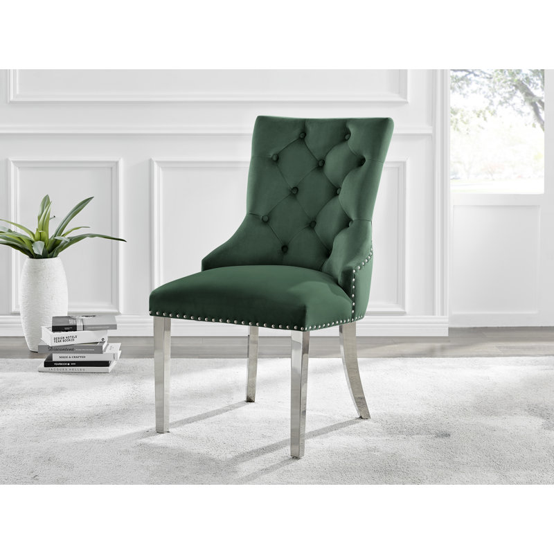Tierra Modern Chrome Metal & Glass Round Dining Table Set with 4 Luxury Button Velvet Chairs, Grey, Green