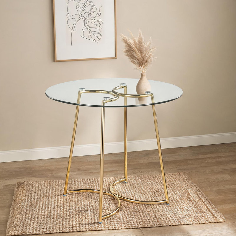 Table de salle à manger ronde avec plateau en verre et structure en acier doré, sièges 4