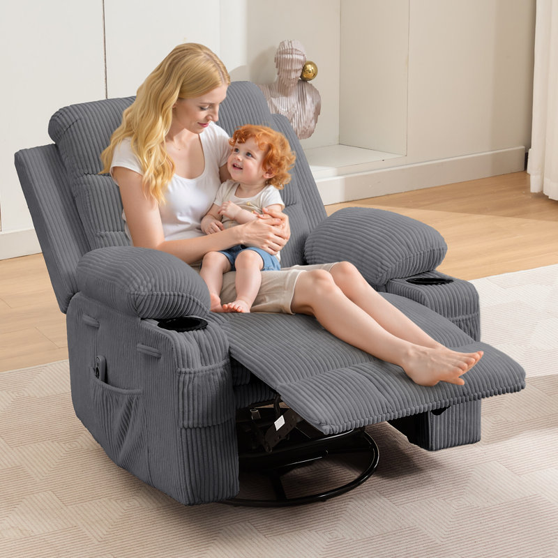 Swivel Rocker Recliner Chair with Massage and Heat, Oversized Reclining Sofa with 360° Swivel, Gray Corduroy