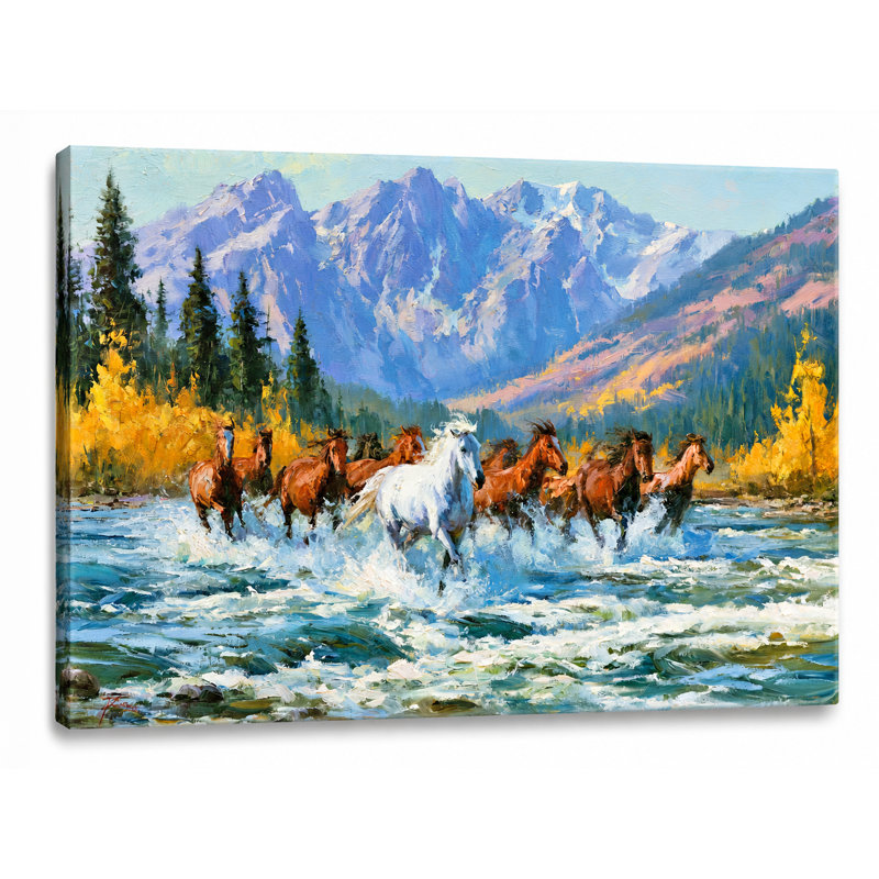 Art mural sur toile Mountain River Horses, H 30 po x l 40 po x P 1,5 po, 30" H x 40" W x 1.5" D