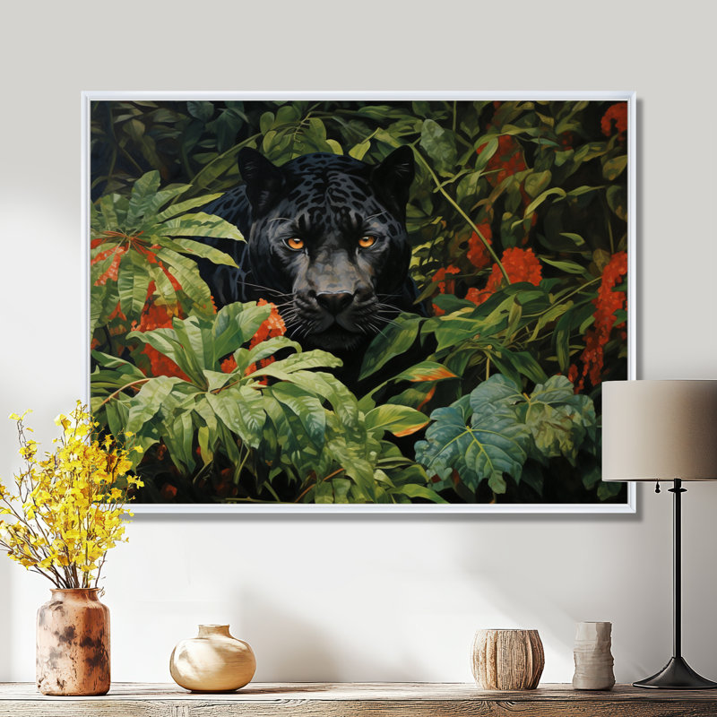 «Black Panther Jungle Roam Oil», art mural panthère pour le salon, H 12 po x l 20 po x P 1 po, Cadre flottant blanc