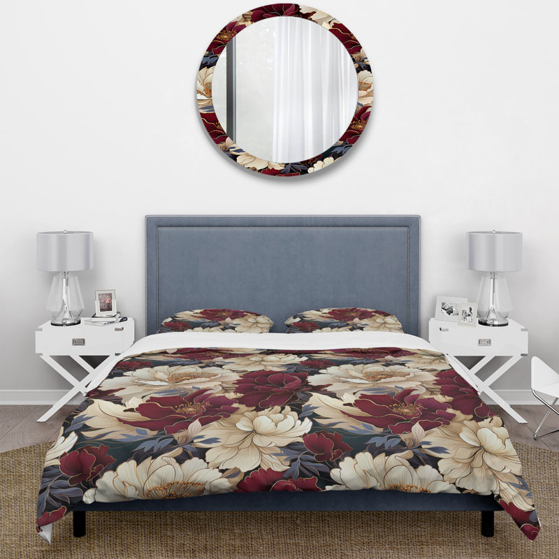 Ensemble de housse de couette à motif de coquelicots riches beige et rouge, Housse de couette simple + 1 taie décorative stan
