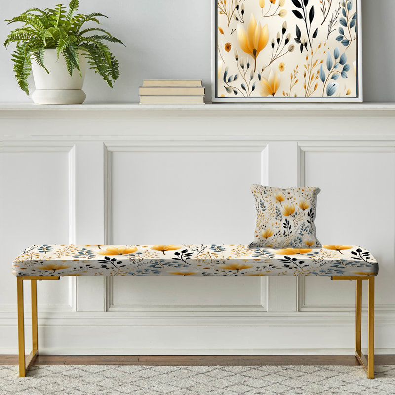 Floral Upholstered Gold Bench, Earthy Flora III