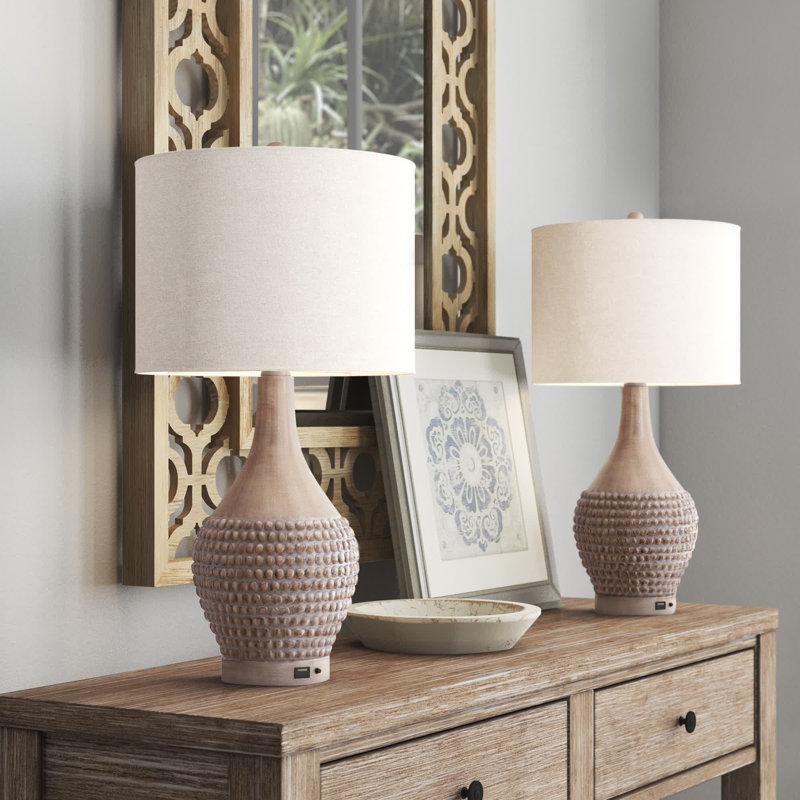 Feil 25" Farmhouse Resin Table Lamp with 3-Way Dimmable and USB Port, Brown
