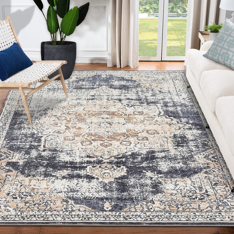 5'x7' Vintage Medallion Washable Area Rug, Non-Slip Thin Low Pile Carpet for Living Room, Black, Rectangle 5' x 7'