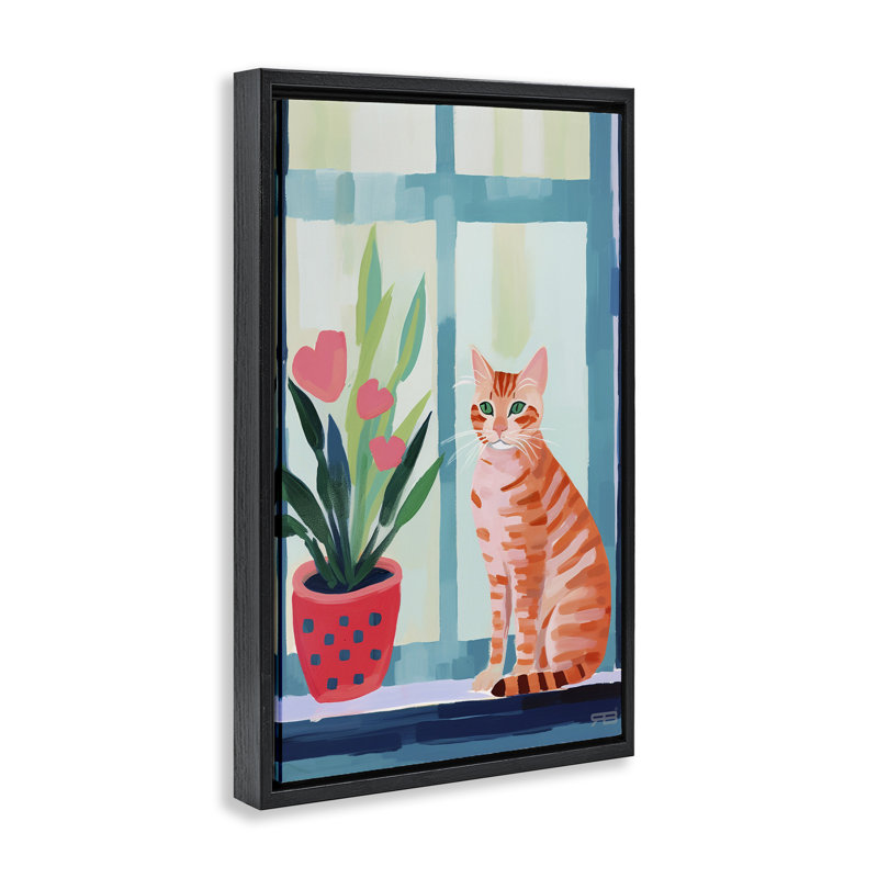 «Cat & Tulips in Windowsill», toile flottante encadrée par Roozbeh Bahramali, H 25 po x l 17 po, Cadre flottant noir de jais