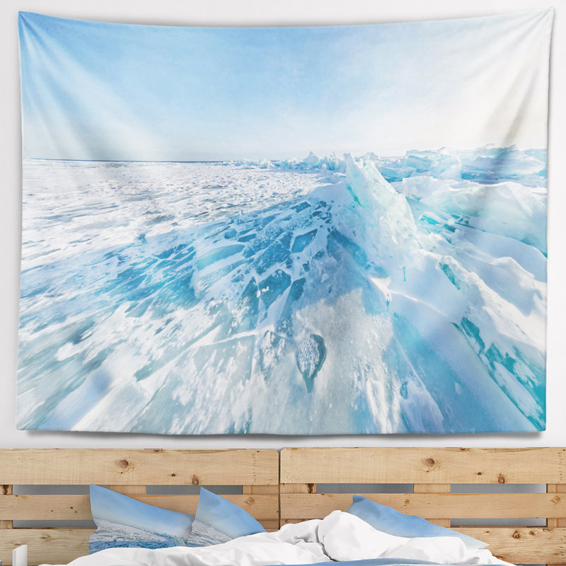 Paysage, baleines à glace dans le lac Baïkal, tapisserie de Sibérie, H 68 po x l 80 po