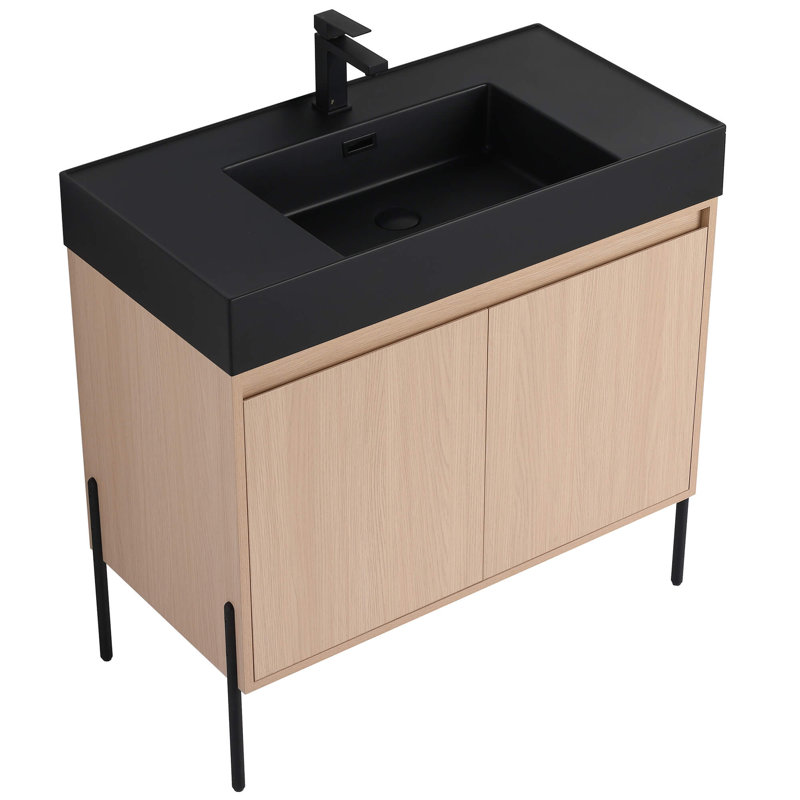 Meuble-lavabo Yordana de 36 po de largeur Ebern Designs, Noir, noir, noir, noir, Chêne blanc