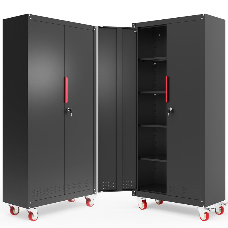 Armoire de rangement en métal avec roulettes, armoires de garage 71 po avec 4 tablettes réglables et portes verrouillables, armoire verrouillable noire convenant aux garages, à la maison et au bureau