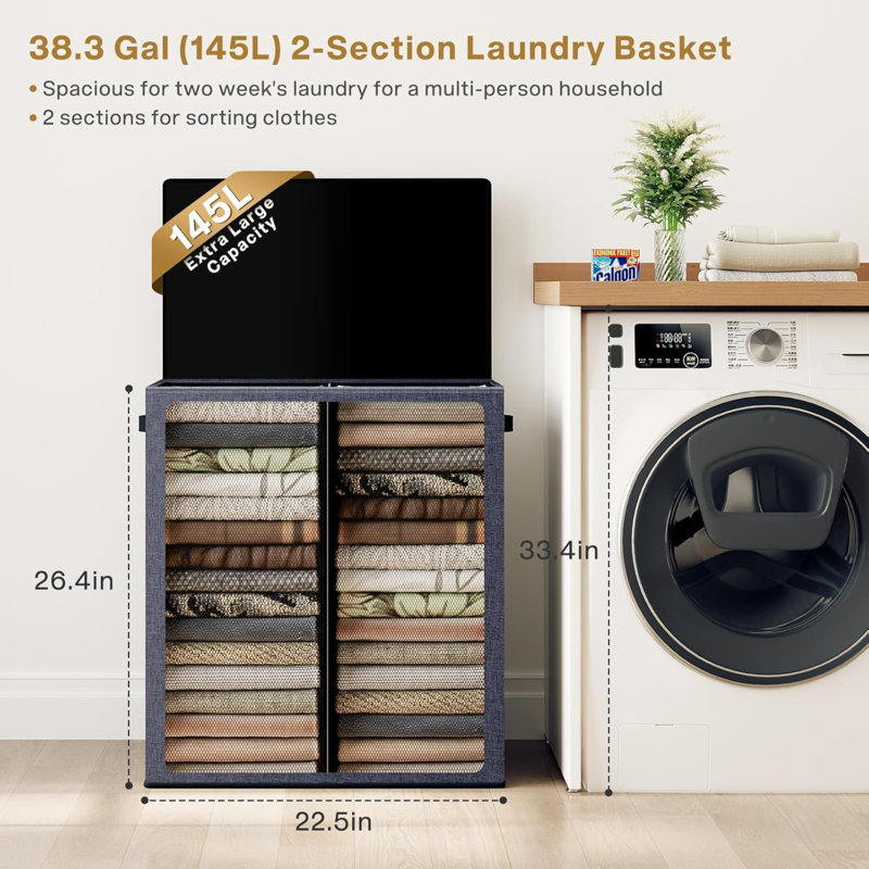 Grand panier à linge double avec couvercle, panier à linge pliable 2 sections avec sacs amovibles, panier à linge peu encombrant pour chambre à coucher, dortoir, université