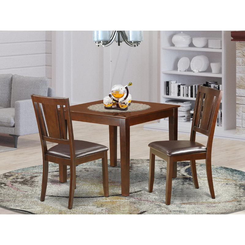 3 Piece Dining Table Set for Small Spaces Contains a Square Dining Room Table and 2 Faux Leather Chairs, Mahogany