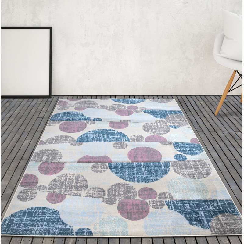 Tapis tissé à la machine ivoire/bleu/rose, Rectangle 7 pi 10 po x 9 pi 10 po