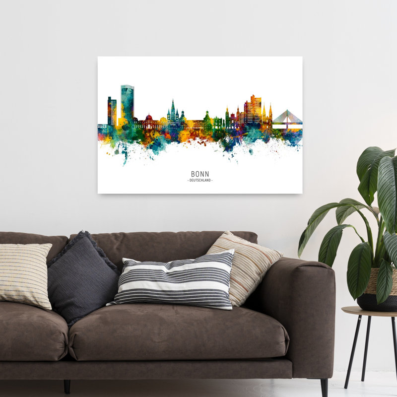 Affiche murale abstraite et colorée représentant la ligne d'horizon de Bonn, architecture contemporaine., H 32 po x l 48 po