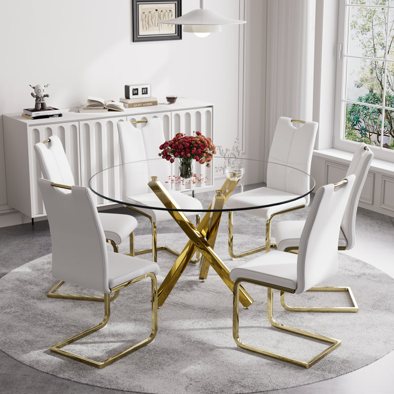 Ensemble de salle à manger 7 pièces, table et 6 chaises, H 29,52 po x L 47,2 po x l 47,2 po, Blanc / doré, Or