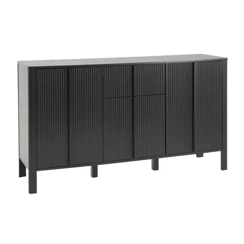 Buffet de rangement Mid-Century cannelé avec 3 portes et tiroir Walcott, Noir
