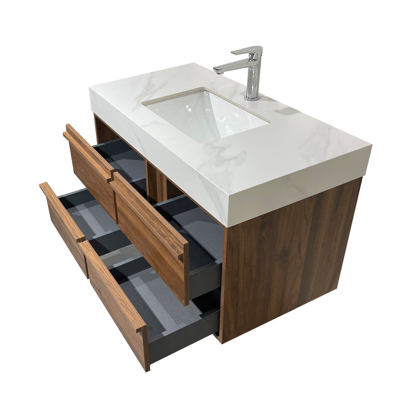 Meuble-lavabo moderne 36 po avec lavabo, plateau de table en pierre frittée brillante, 4 tiroirs, pré-assemblé
