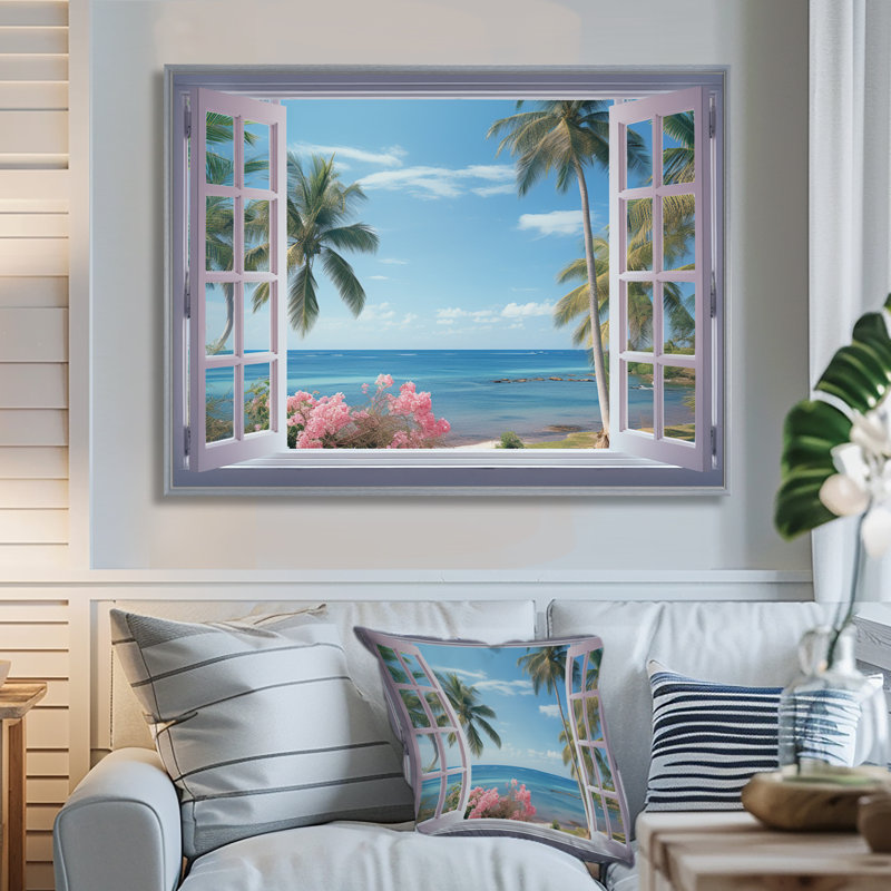 Vue sur l'océan tropical à travers une fenêtre blanche ouverte - art mural sur toile côtière, H 16 po x l 32 po