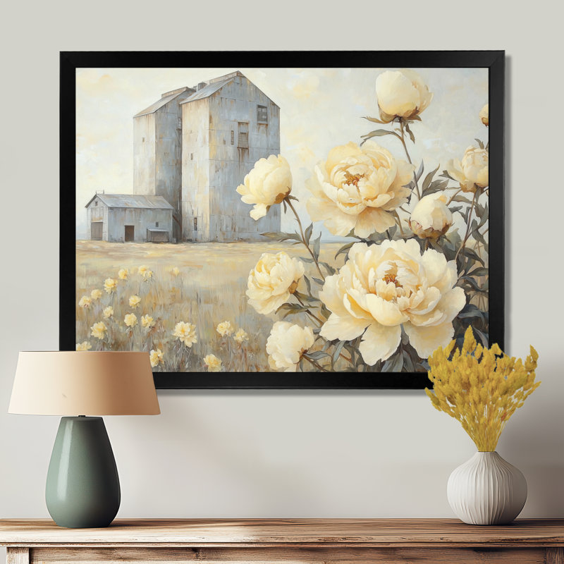 «Donberg Farm Pe pivons By The Grain Silo I», art mural pivoines, Reproduction encadrée d'une seule photo, H 12 po x l 20 po