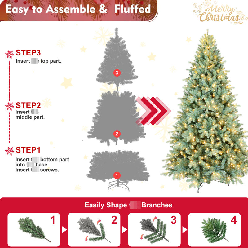 Arbre de Noël bleu de 7,5 pi, 550 lumières à DEL blanc chaud, 2148 pointes, ambiance chaleureuse des Fêtes, support en métal teinté à assemblage rapide, aspect naturel