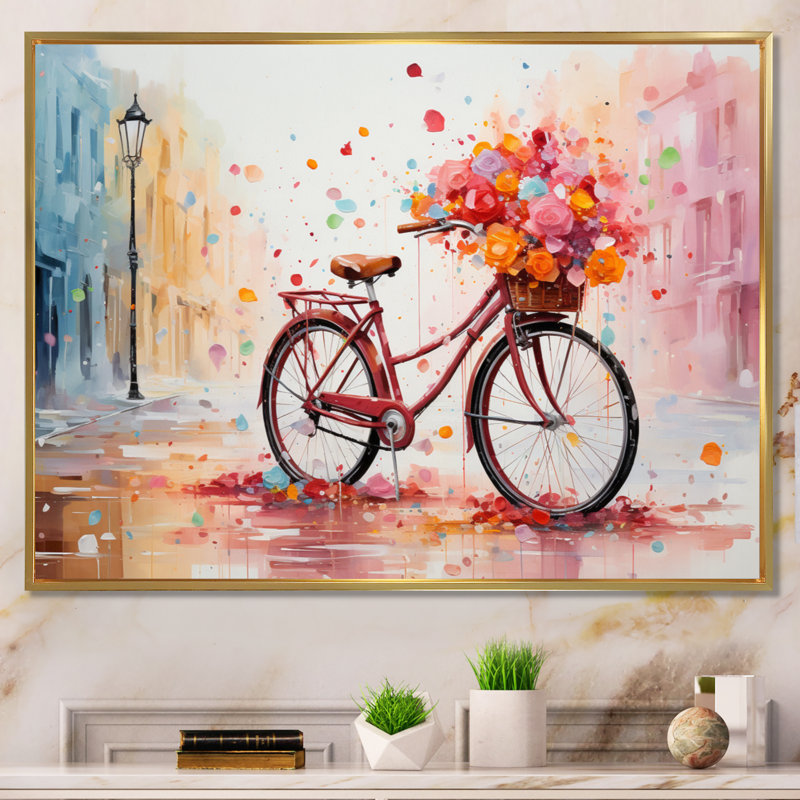Vélo pédalant souvenirs - pointillisme mural, Cadre flottant doré, H 30 po x l 40 po x P 1,5 po