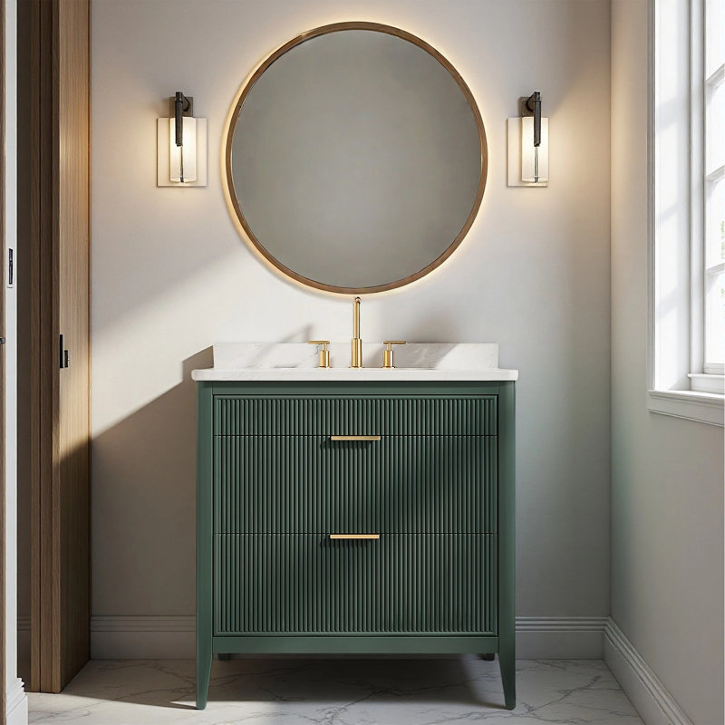 Meuble-lavabo autoportant de 36 po entièrement assemblé avec structure en bois massif et plateau en marbre d'ingénierie