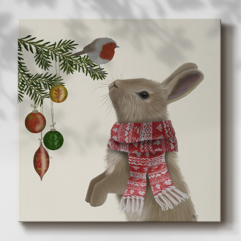 Lapin et merle sur toile, H 16 po x l 16 po x P 1,5 po