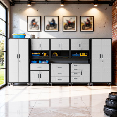 8-Piece Garage Storage Systems Set, Metal Garage Storage Cabinets with Wheels, 3 Wall Mounted Cabinets + Rolling Cabinets + 2 Tall Pegboard Cabinets, Lockable Tool Chest Organizer