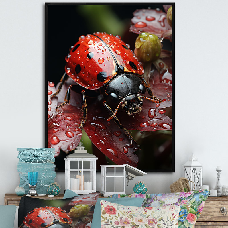 Rainy Ladybugs Lullaby II - Ladybug, reproduction d'art sur toile, Cadre photo blanc, H 44 po x l 34 po