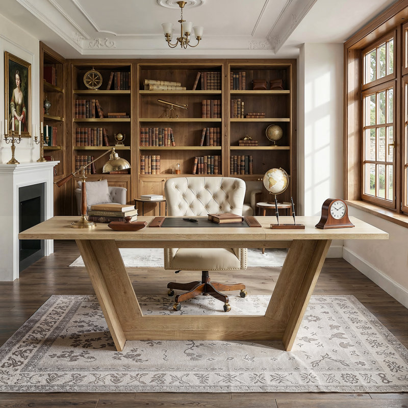 81.5'' Executive Computer Desk With V-Shaped Base, Oak Finish