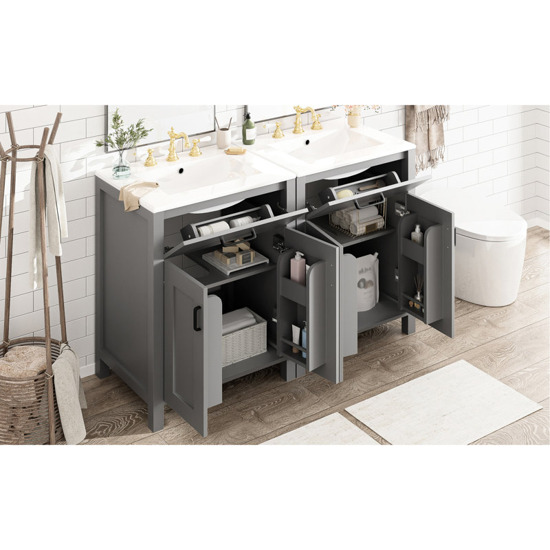 Meuble-lavabo moderne de 48 po comprenant un lavabo en céramique, une structure en bois massif et une tablette réglable en forme de U pour un lit double Essentials avec double lavabo, fonction silencieuse à fermeture en douceur, articles de toilette à tiroir rabattable
